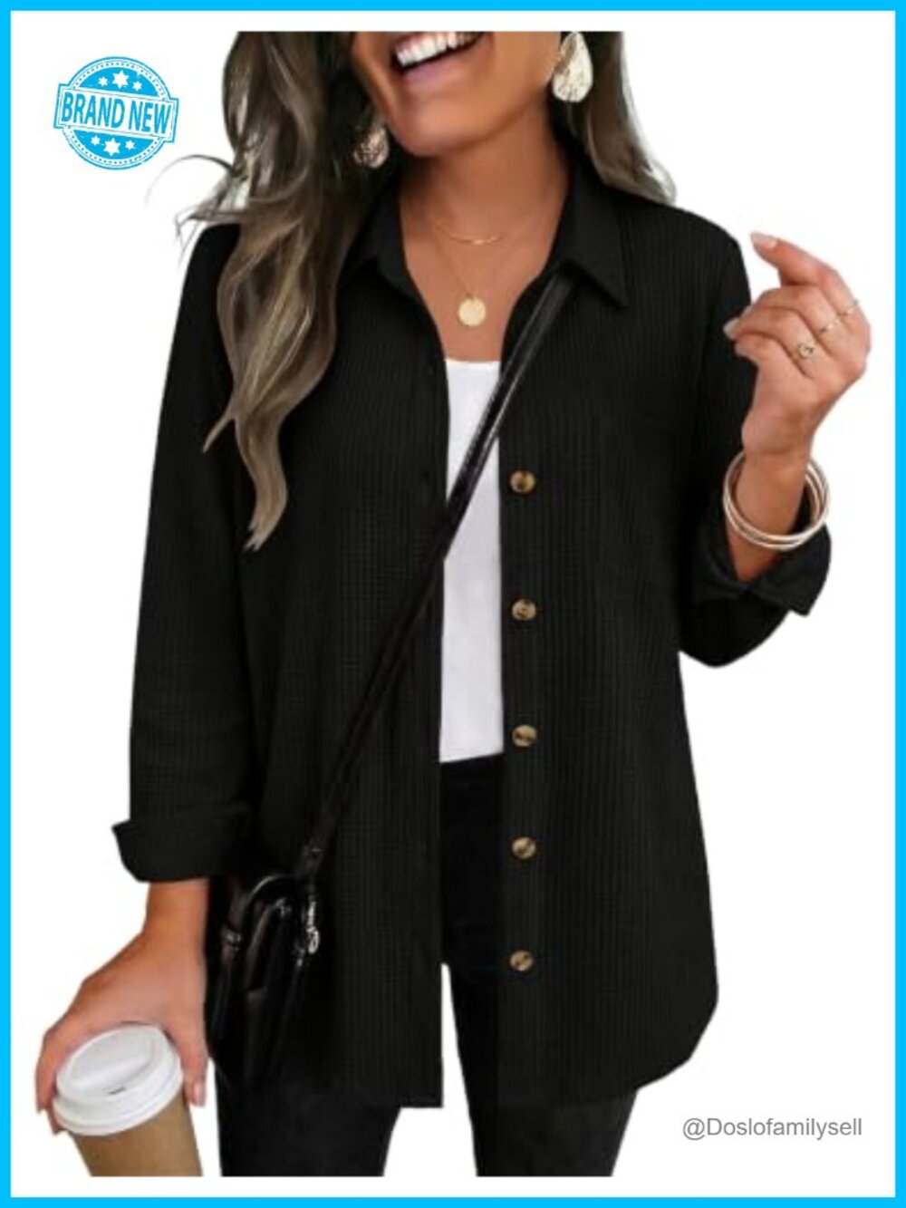 Waffle Knit Button Down Shacket Long Sleeve V-Neck Top with Pocket